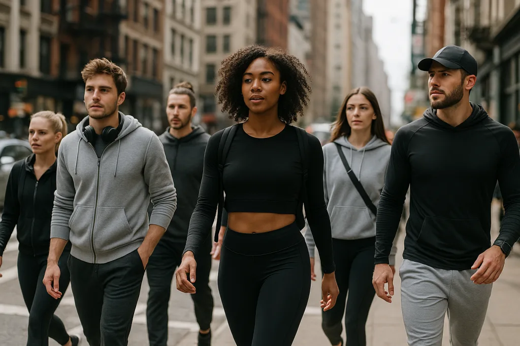 Urban professionals and students on a city street, dressed in stylish athleisure wear that fits both casual and active moments.