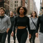 Urban professionals and students on a city street, dressed in stylish athleisure wear that fits both casual and active moments.