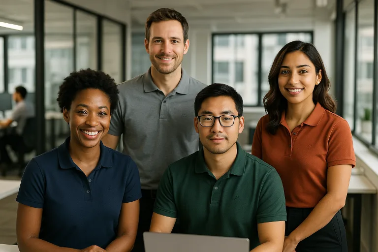 Team Apparel 7 Office team dressed in matching custom polo shirts with logo embroidery, showing unity and brand presence.