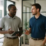 Two employees seated at a workstation, both in golf shirts and business-casual attire, illustrating workplace acceptance.