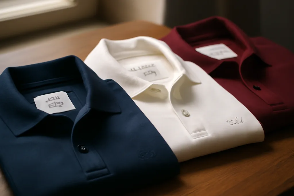 How to Style a Business Polo for a Professional Look 1 Detailed view of assorted business polos highlighting fabric quality, label tags, and construction finishes for workplace outfit selection.