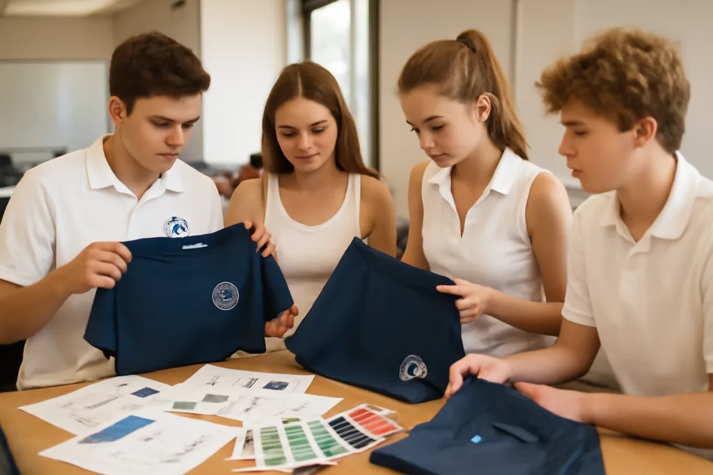 A group of club athletes examines new uniforms, comparing color swatches and decoration techniques for their tennis apparel.