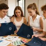 A group of club athletes examines new uniforms, comparing color swatches and decoration techniques for their tennis apparel.