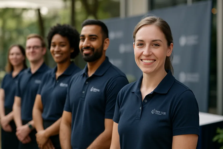 Team Apparel 9 A team at a business event proudly wearing matching logo-embroidered polo shirts, showcasing brand identity and employee unity.