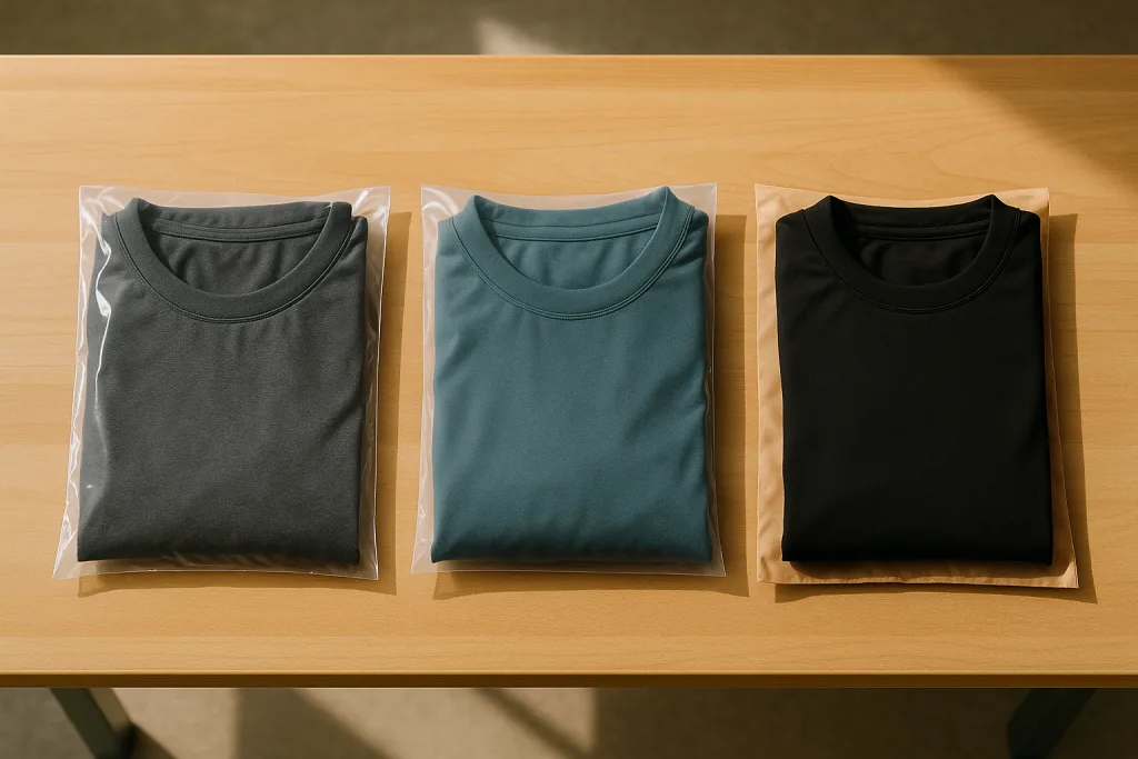 A well-lit workstation showcasing a side-by-side display of conventional, recycled, and biodegradable polybags filled with sportswear.