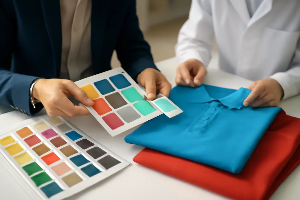 Custom vs Ready-Made Polos: Which Works Better for Your Business? 1 A close-up view of apparel experts evaluating fabric and color choices for a custom polo shirt project.