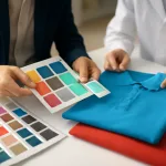 A close-up view of apparel experts evaluating fabric and color choices for a custom polo shirt project.
