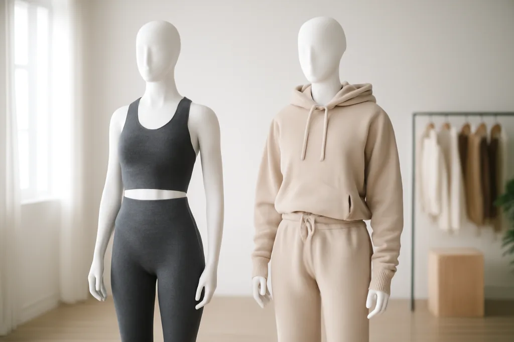 Cut & Sew vs Seamless Knitting: When to Use Each 24 Fashion mannequins wearing seamless activewear and cut & sew outfits side by side, illustrating the visual and fit differences between the two techniques.