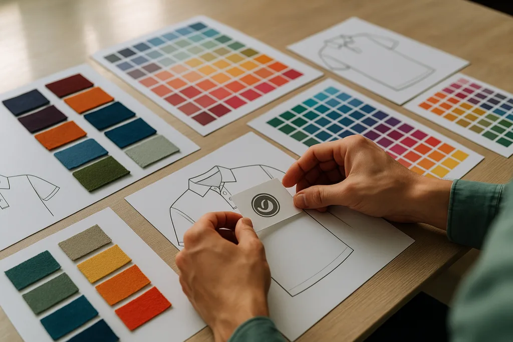 A designer plans custom polo shirt styles with color charts, fabric samples, and logo mockups on a studio workspace.