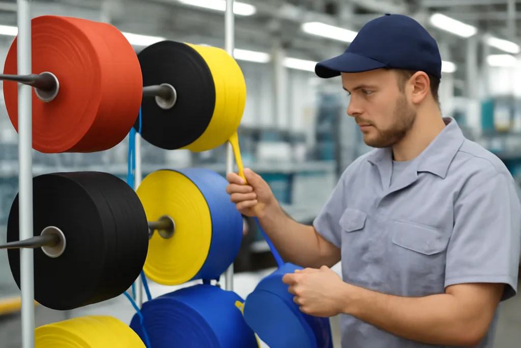 Choosing Zippers, Elastics, Drawcords & Hardware 25 An inspection process at a sportswear supplier's facility, highlighting how quality elastics and drawcords are sourced and verified for durability and color consistency.