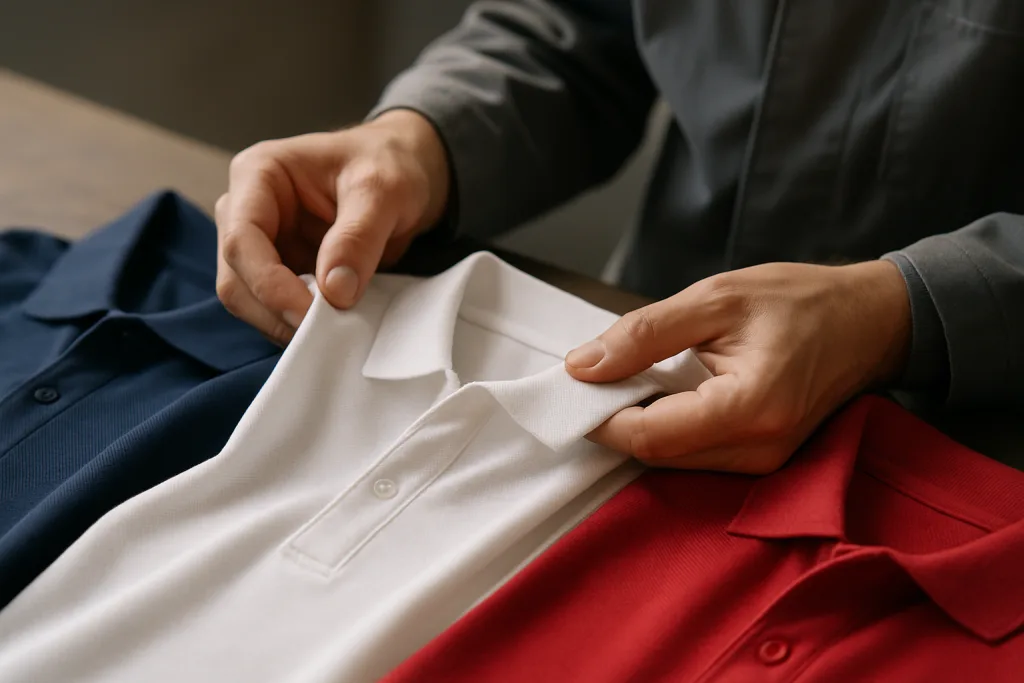 How to Choose the Best Polo Fabric for Work 8 Apparel expert analyzing and comparing samples of cotton, polyester, and blended polo fabrics.