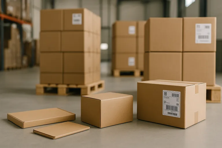 Clothing Manufacturers for Startups 5 A modern warehouse scene with export cartons labeled for customs and different DTC packaging designs displayed near loading pallets.