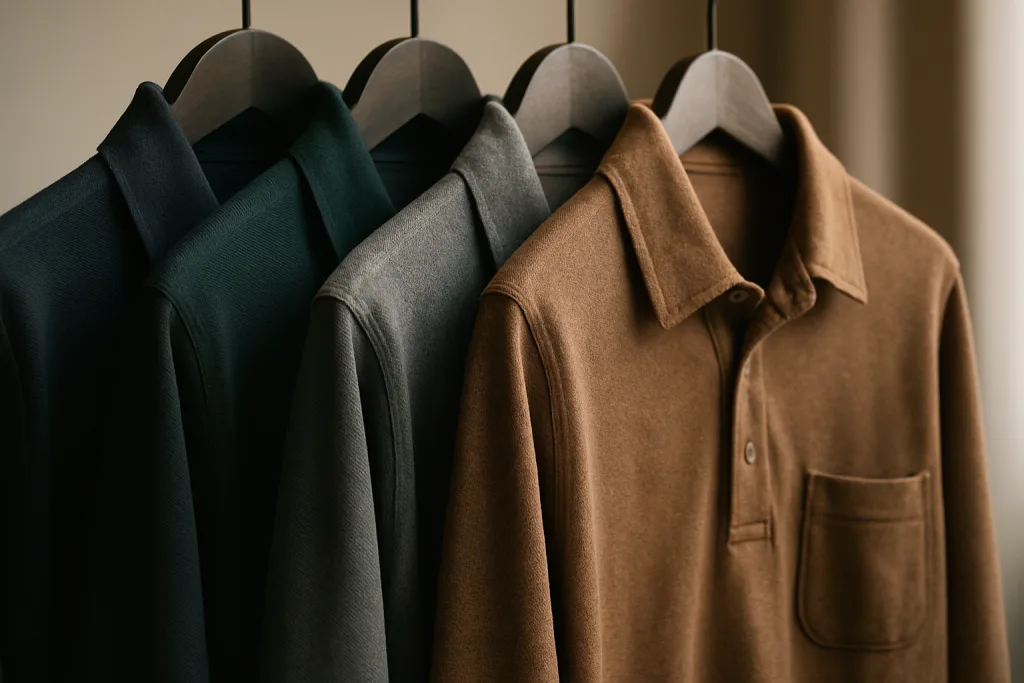 Long Sleeve Business Polos for Year-Round Style 22 A rack of premium long sleeve business polos displays different sophisticated fabrics and finishes, offering a tactile sense of their comfort and quality.