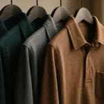 A rack of premium long sleeve business polos displays different sophisticated fabrics and finishes, offering a tactile sense of their comfort and quality.