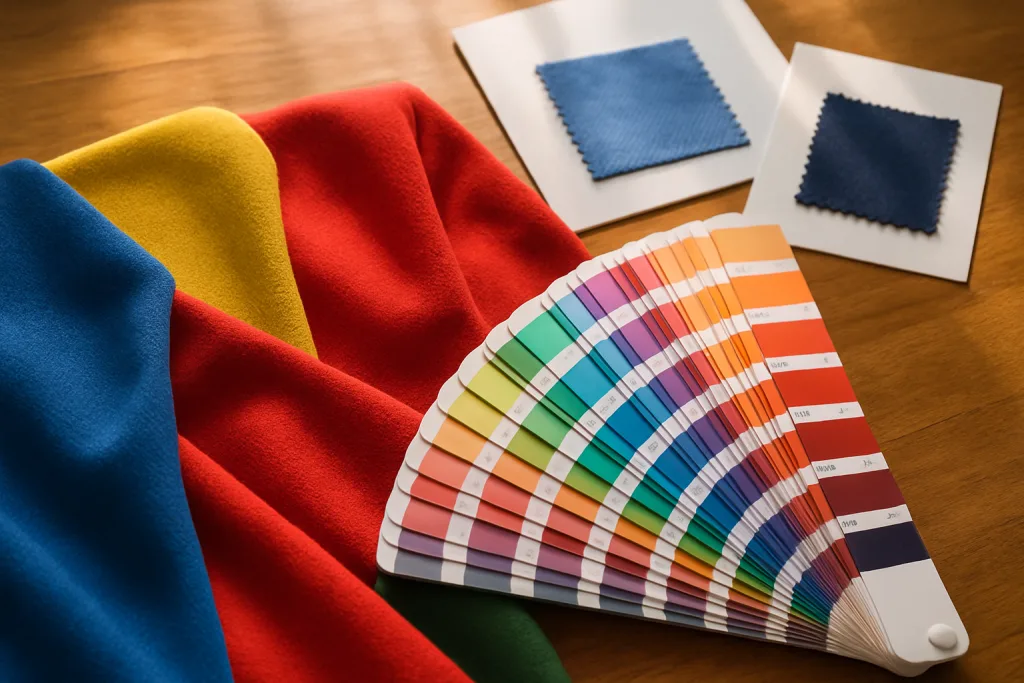 Best Colors for Company Polo Shirts and What They Communicate 1 High-quality fabric swatches and color test tools used for company polo shirt manufacturing.