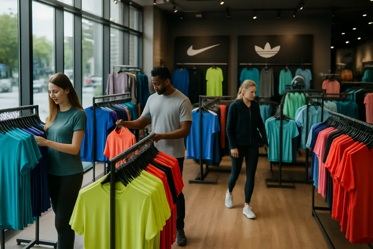 How to Find a Clothing Manufacturer 8 A spacious retail environment showcasing the latest athletic clothing from leading global brands in 2025.