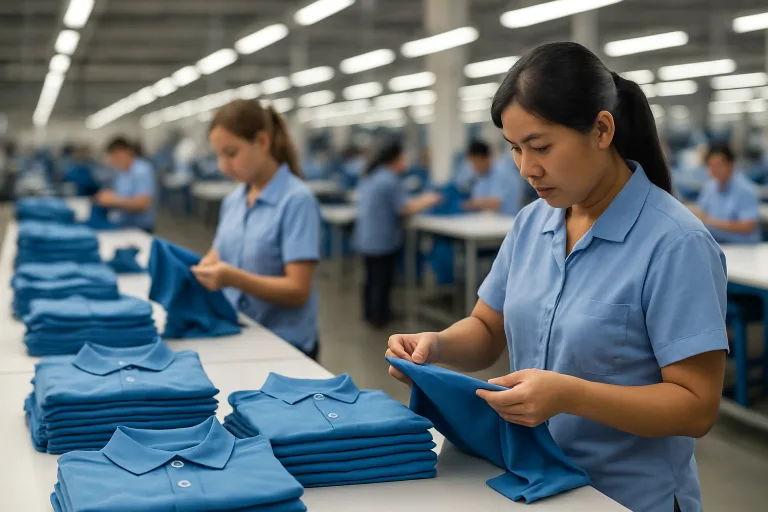 Quality assurance staff examine color and seams of finished golf shirts at a garment factory.