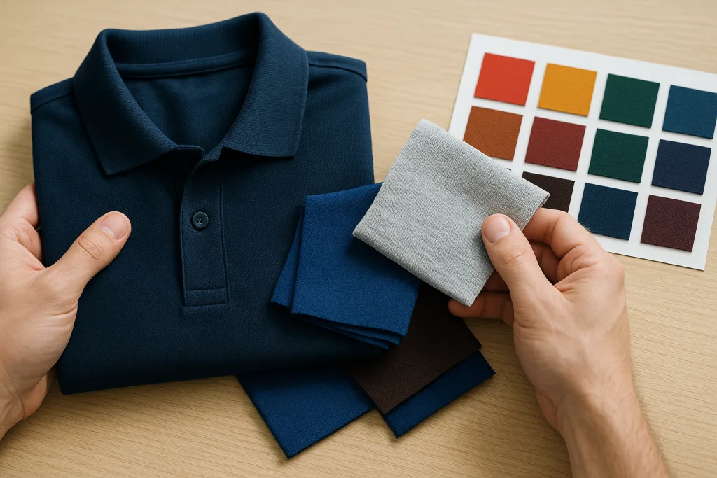 The Complete Guide to Business Polo Shirts: From Office Style to Uniform Branding 2 hands compare polo fabrics colors