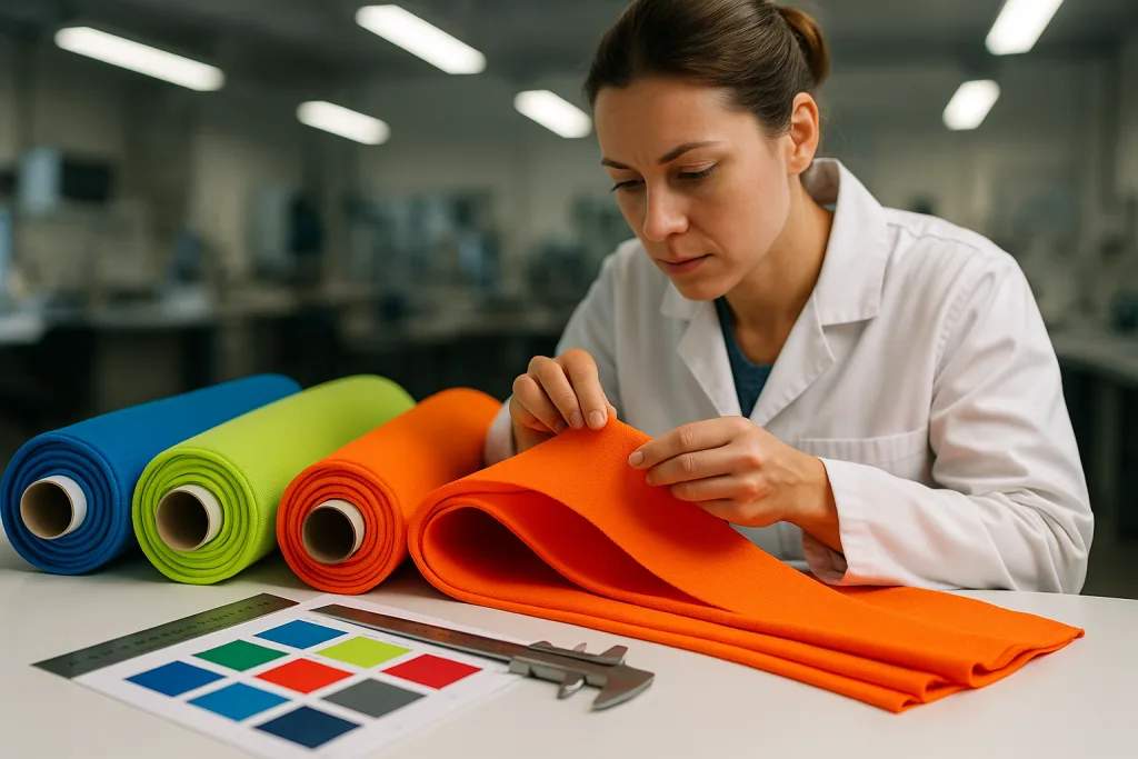 Visual representation of fabric inspection and lab testing for sportswear quality control.