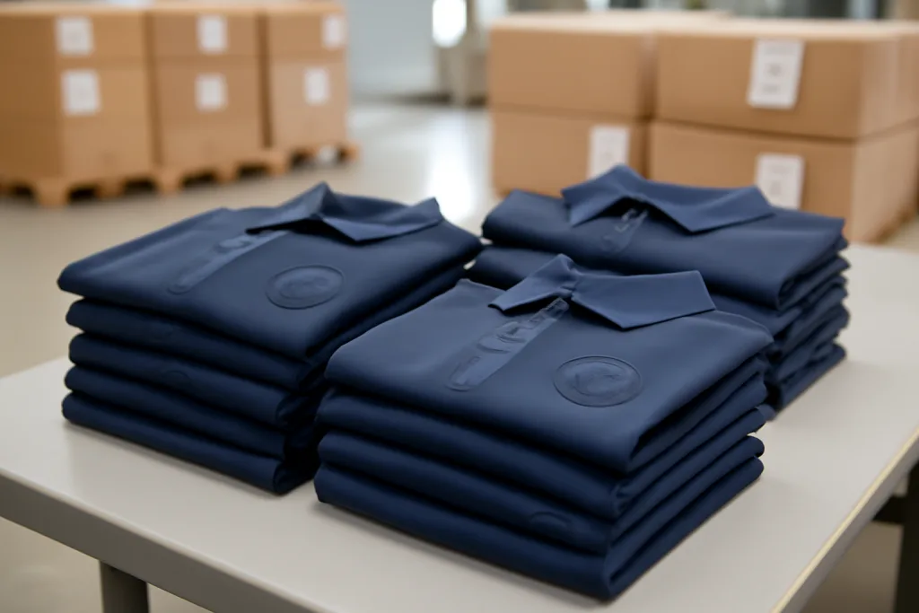 Golf Polos for Performance & Branding (with Ninghow) 1 Golf polos with various logo methods stacked and packed for export, showcasing brand decoration and logistics.