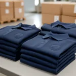Golf polos with various logo methods stacked and packed for export, showcasing brand decoration and logistics.