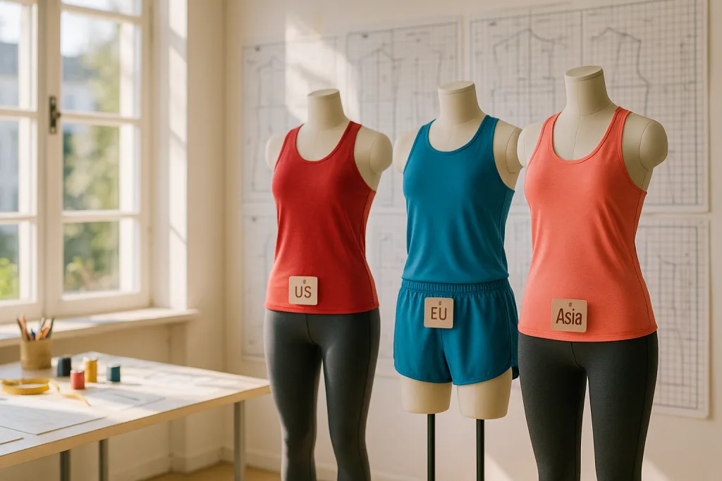 Global Size Grading: US/EU/Asia Conversions 16 A daylight-filled studio showing three mannequins each wearing sportswear with US, EU, and Asia size tags, backed by technical measurement charts.