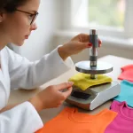 A textile lab technician uses professional tools to measure the GSM of performance fabrics for running tees and singlets, ensuring optimal featherweight yet opaque qualities.