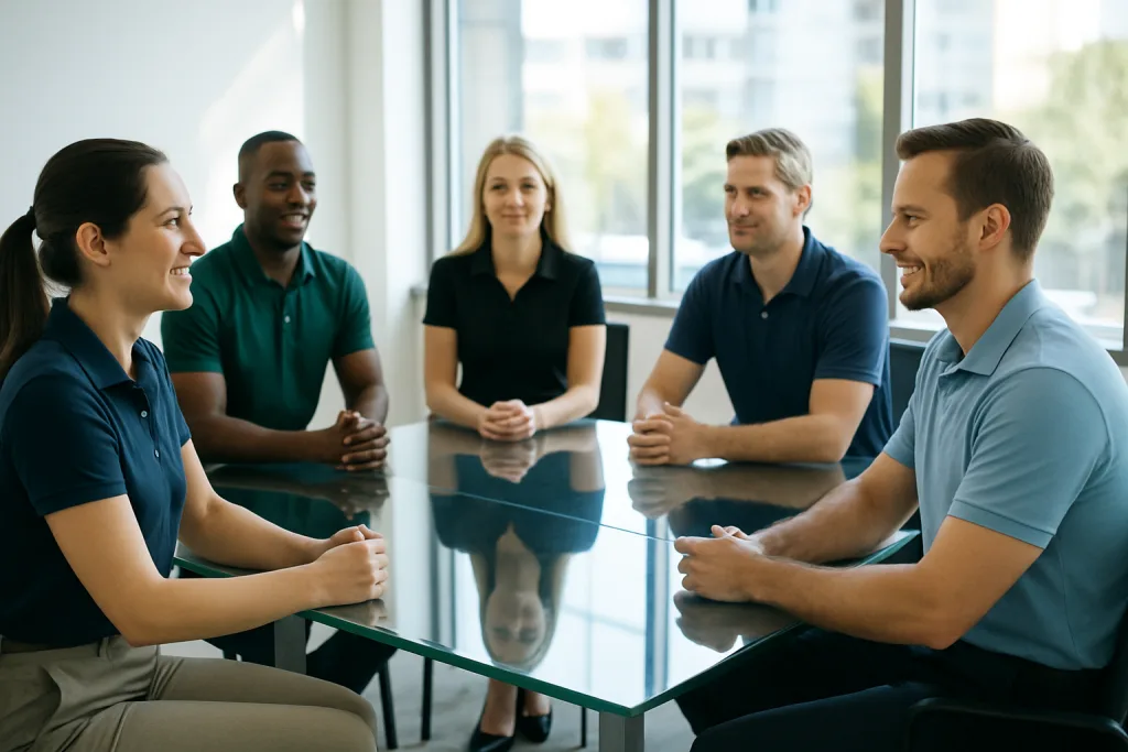 Is a Polo Business Casual? 9 A contemporary office where both men and women wear well-fitted polos as part of their business casual looks.