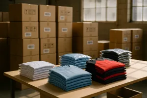 Packaged sportswear stacked for export, each carton labeled and prepared for global shipment in a compliance-focused warehouse environment.