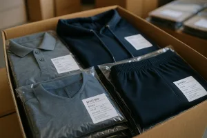Various branded sportswear items, readied in compliant packaging, illustrating the final stages of Private Label production before export.