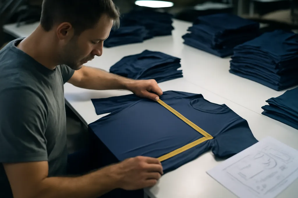 A production line scene of a factory worker performing quality control on custom activewear apparel.