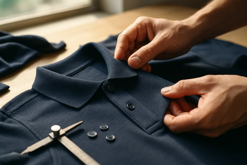 A detailed scene focused on inspection of collar, stitching, and fabric quality, illustrating the quality control process in polo shirt manufacturing.