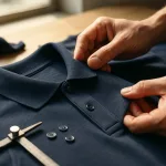 A detailed scene focused on inspection of collar, stitching, and fabric quality, illustrating the quality control process in polo shirt manufacturing.