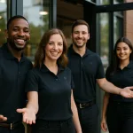 A team of retail workers greet visitors outside a shop, dressed in matching corporate polos with visible embroidered logos.