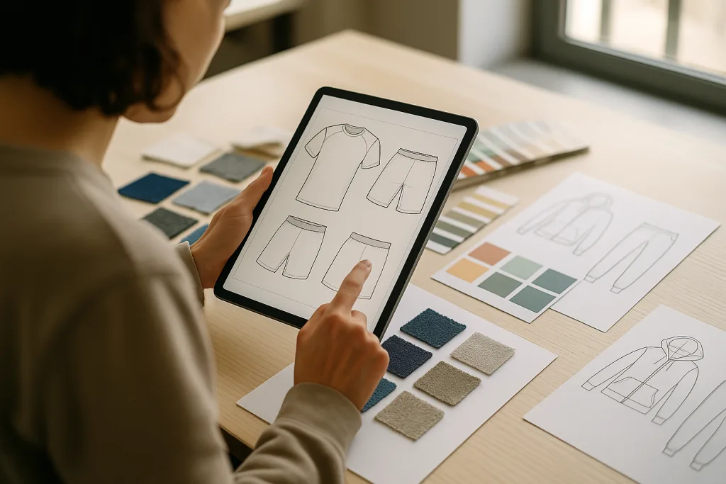 A sportswear designer reviews a detailed tech pack template surrounded by fabric swatches and sketches.