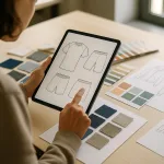 A sportswear designer reviews a detailed tech pack template surrounded by fabric swatches and sketches.