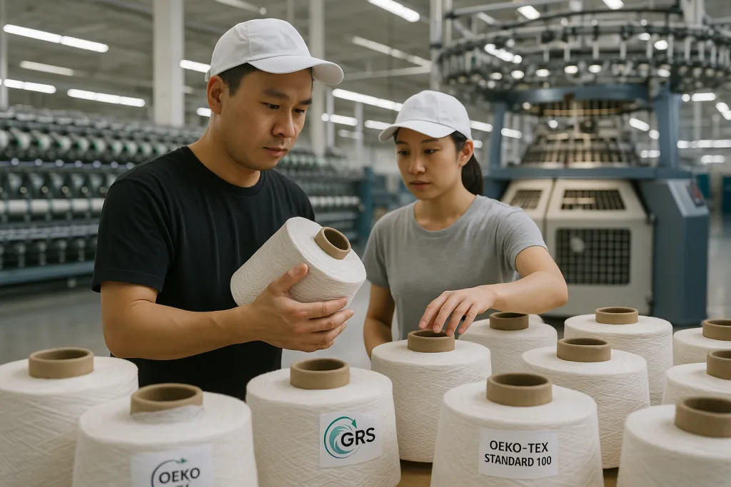 Recycled Polyester (rPET) & Dope-Dyed Fabrics: Impact & Trade-offs 3 This photo shows skilled staff checking and labeling rPET yarn bales for sportswear, reinforcing trust and transparency in recycled fiber sourcing.