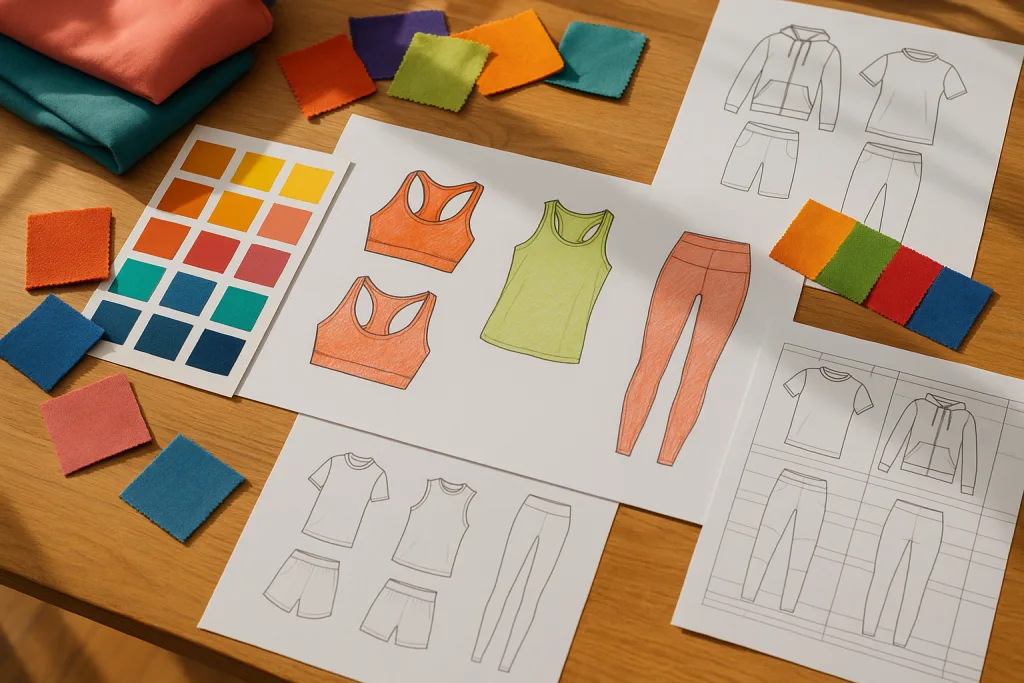 A creative workspace showing the materials and strategic planning involved in positioning a new sportswear brand.