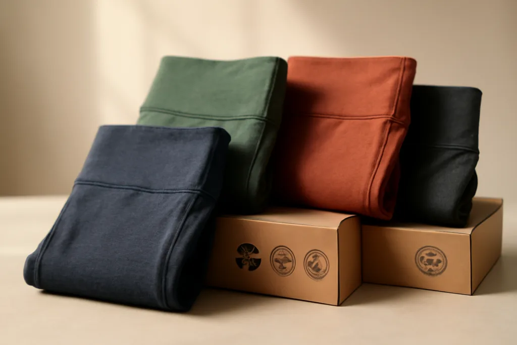 Squat-proof yoga leggings made from recycled polyester (rPET) and other sustainable blends are showcased in environmentally conscious packaging.