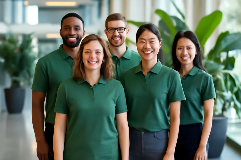 Team Apparel 3 Corporate employees display matching sustainable business polos, highlighting the shift towards eco-friendly workplace uniforms.