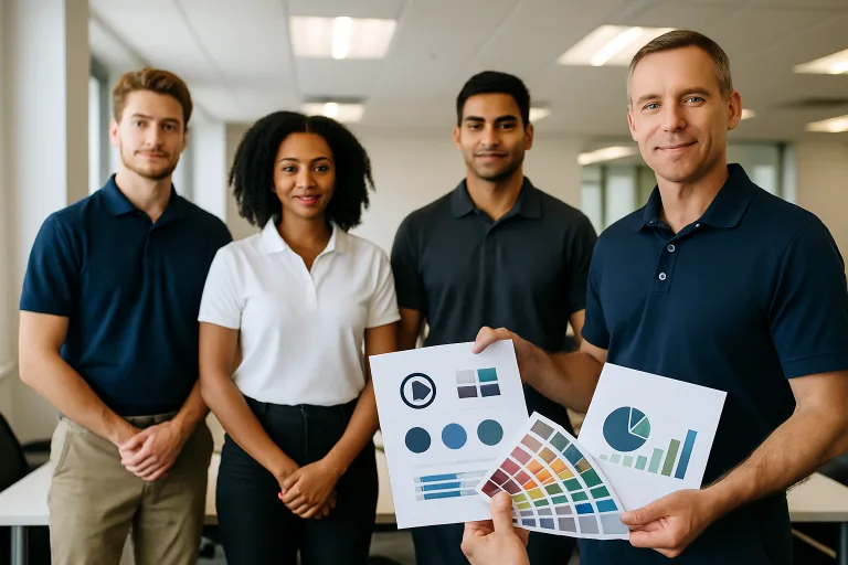 Team Apparel 8 A group of employees wear navy blue, white, and gray company polos during a brand identity meeting.