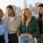 Group of people wearing trendy oversized and cropped hoodies outdoors