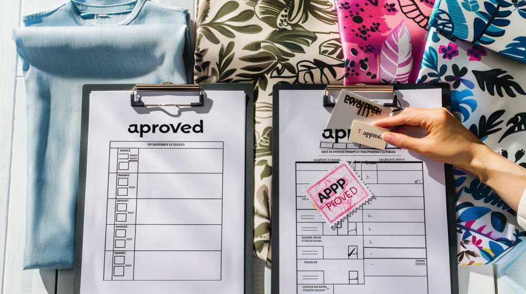 Factory evaluation checklist and fabric swatches showing how brands compare suppliers to switch clothing manufacturers with less risk