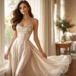 Woman wearing glossy acetate evening dress showing drape and shine