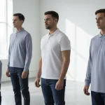 The image shows men of different builds fitting polo shirts, making clear how design and sizing change the fit. This illustrates the importance of body profiling discussed in the section.