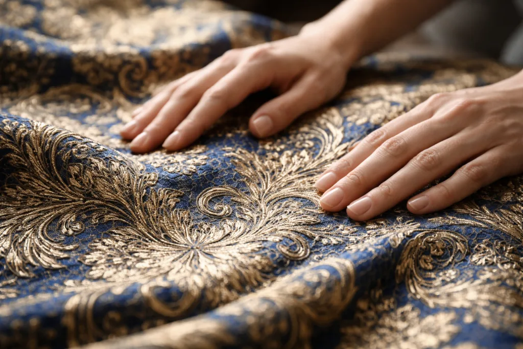 Jacquard vs Brocade: Key Differences Explained 2 brocade fabric macro detail