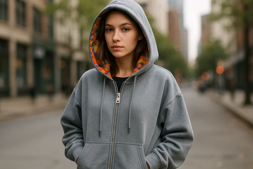 Best Zip-Up Hoodies: Zipper Types & Fit Guide 7 Model wearing an oversized zip-up hoodie with custom zipper and inner print