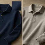 This image showcases best-selling autumn and winter long sleeve polo fabrics—piqué knit and French terry—illustrating weave texture, warmth, and color depth for clear material comparison.