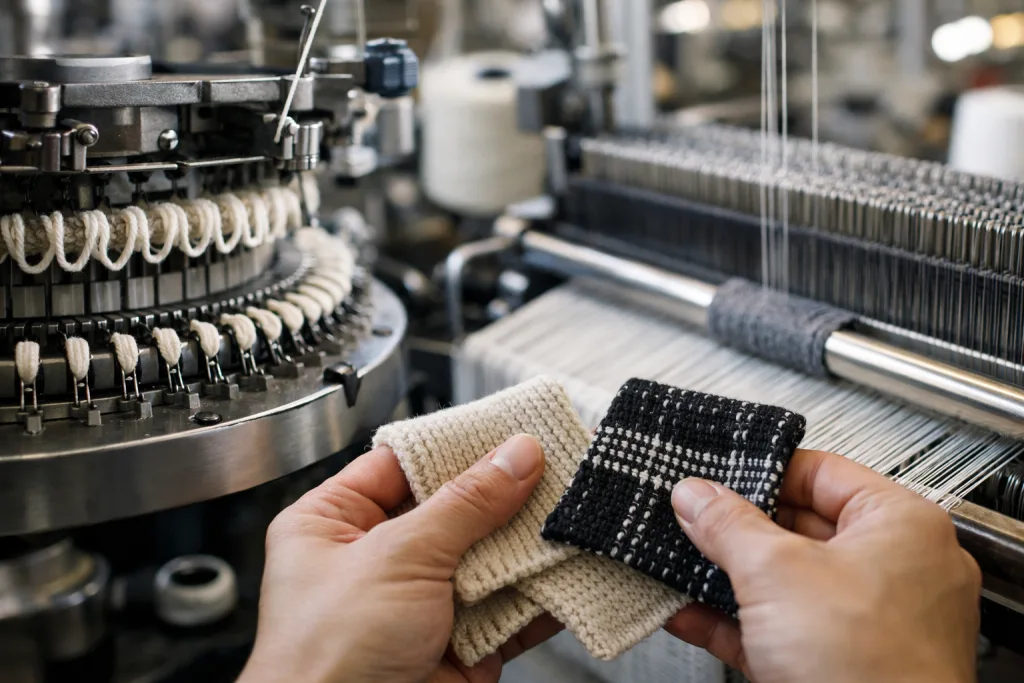 Knit vs Woven Fabric: What’s the Difference? 7 Technician inspecting knit and woven fabric samples beside knitting and weaving machines