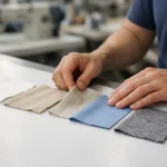 Fabric swatches of cotton, linen, polyester, and blends being inspected on a factory table
